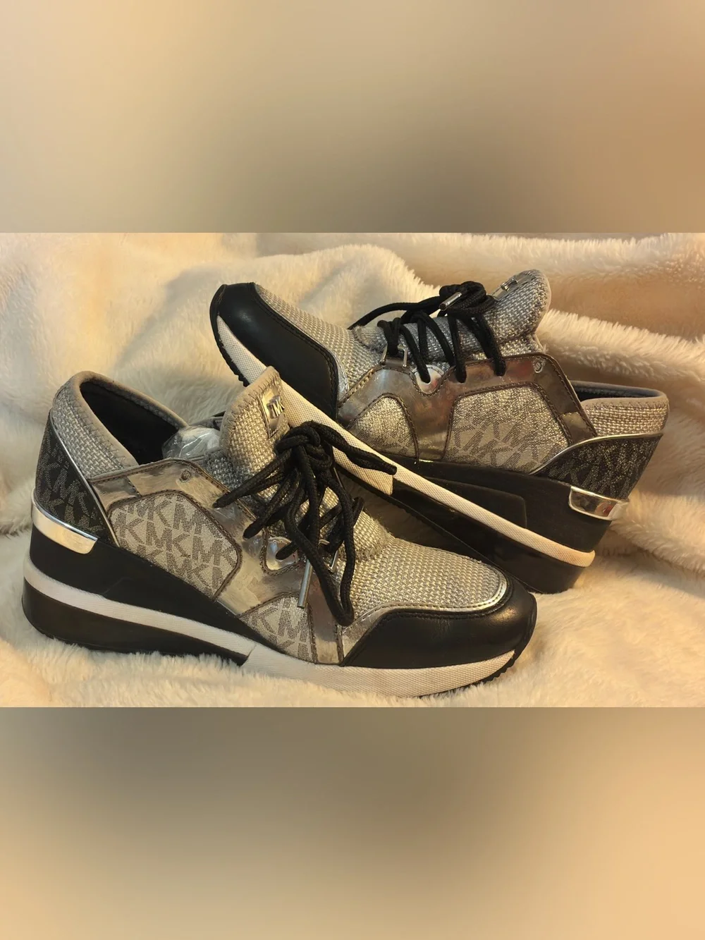 Michael Kors Liv Glitter Mesh Wedge Trainers - Size 6